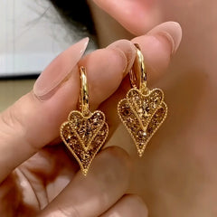 14K Gold-Plated Elegant Double-Layer Brown Zircon Heart Tassel Earrings - elegant Heart Tassel Earrings