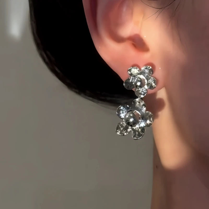 Close-up detail of the sparkling zircons and plating on the Flower Tassel Earrings