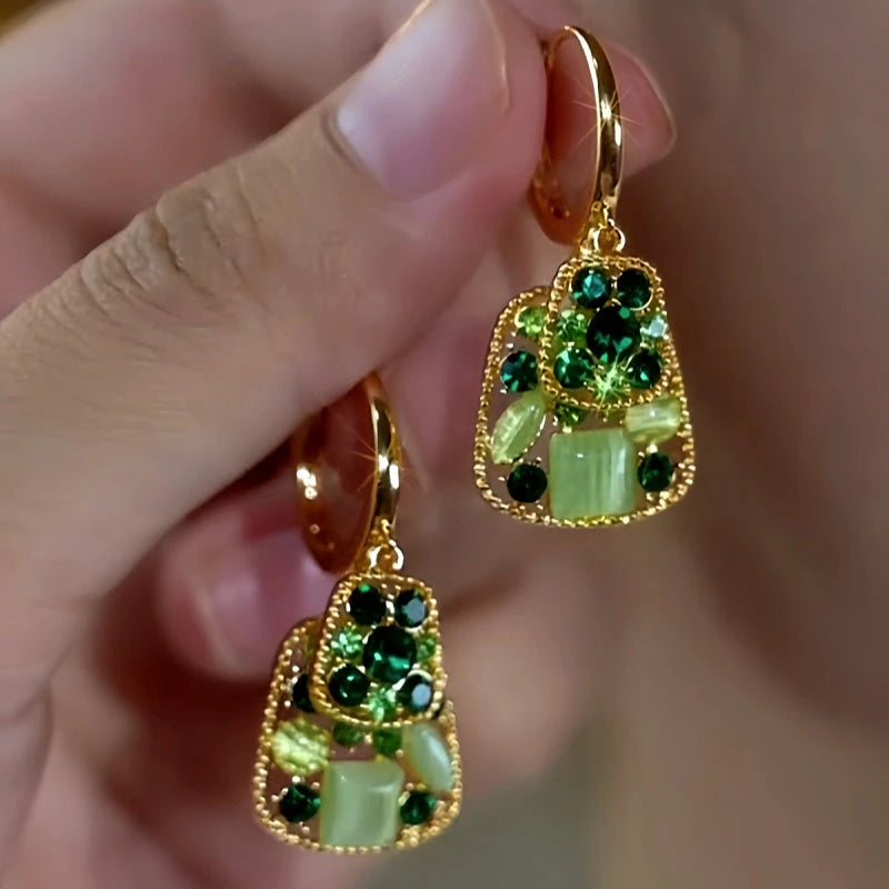 14K Gold-Plated Elegant Double-Layer Green Diamond Cat's Eye Stone Earrings - elegant Green Statement Earrings