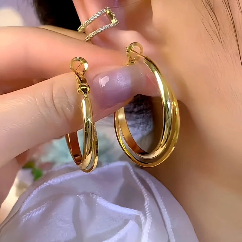 14K Gold-Plated Elegant Double-Layer Hoop Earrings - elegant Double Layer Hoops