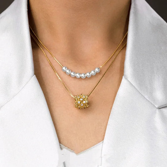 14K Gold-Plated Elegant Double-Layer Pearl Zircon RIng Necklace - beautiful Double Layer Necklace