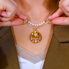14K Gold-Plated Elegant Double-Layer Purple Diamond Rose Pearl Necklace worn to showcase its length and pendant detail