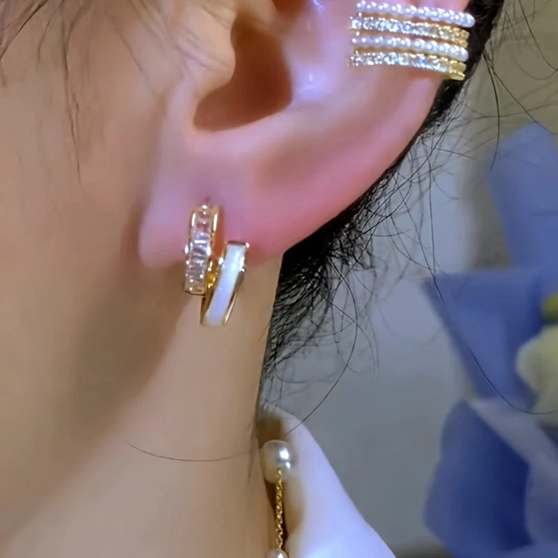 14K Gold-Plated Elegant Double-Layer Shell Zircon Hoop Earrings - elegant Double Layer Hoops