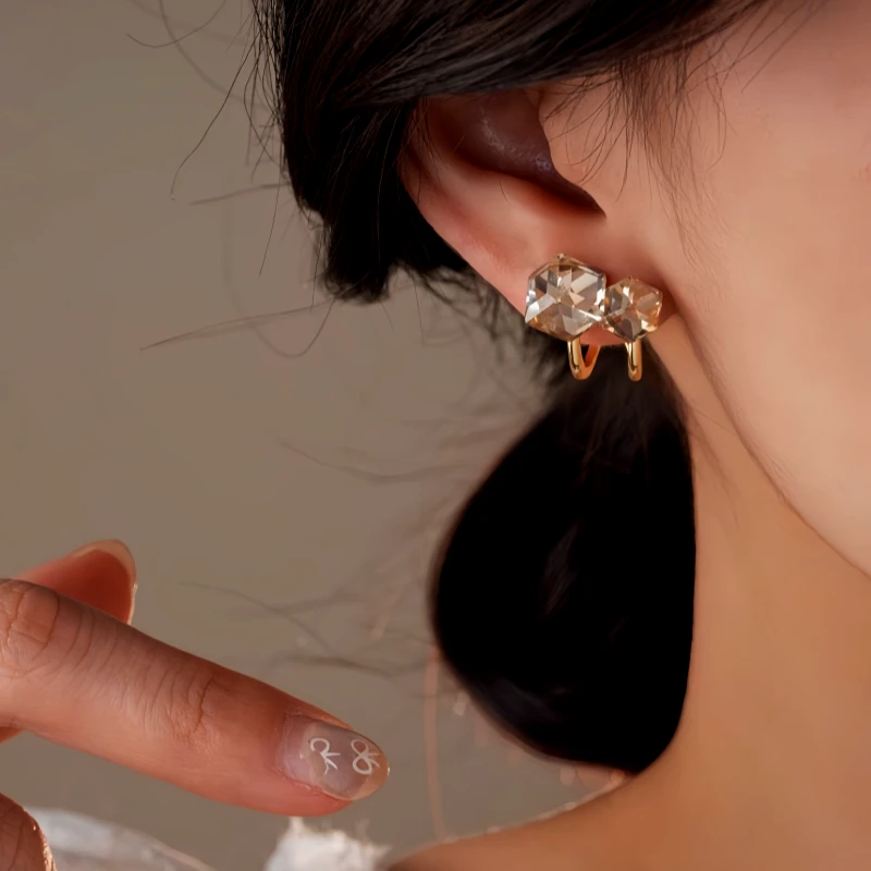 Model showcasing the dangle and style of the 14K Gold-Plated Elegant Double-Layer Zircon Square Diamond Stud Earrings