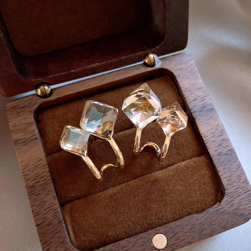Angled view of the 14K Gold-Plated Elegant Double-Layer Zircon Square Diamond Stud Earrings