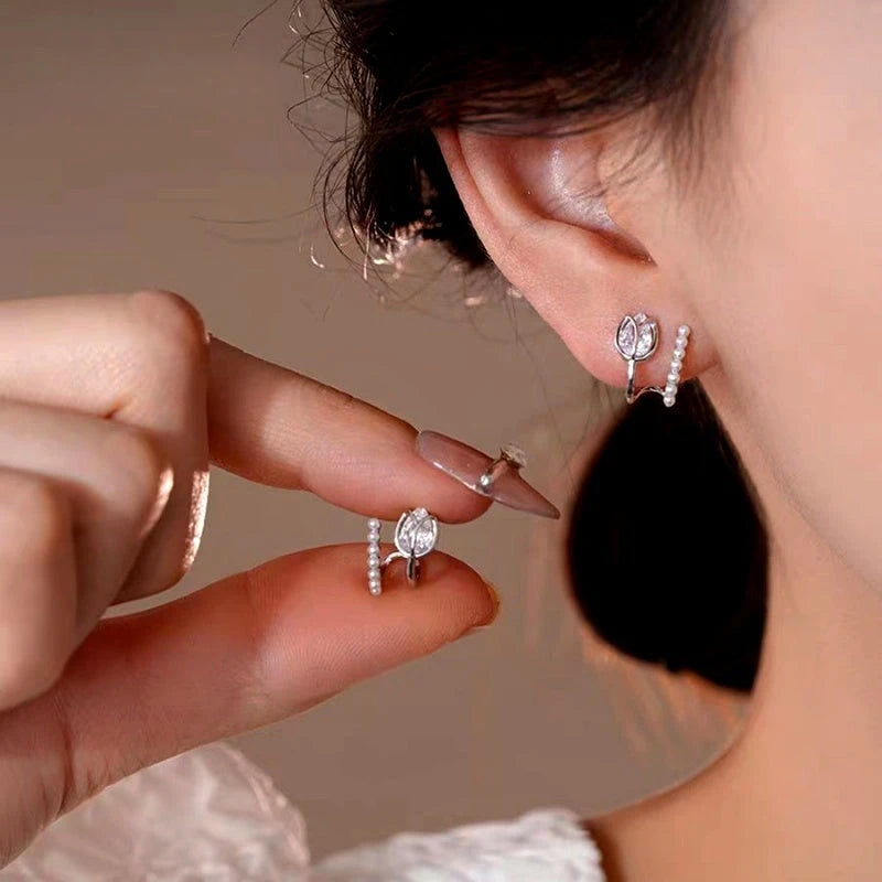 14K Gold-Plated Elegant Double-Layer Zircon Tulip Flower Pearl Stud Earrings - elegant Tulip Pearl Studs