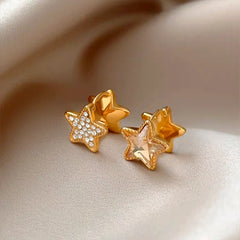 Angled view of the 14K Gold-Plated Elegant Double-Sided Five-Pointed Star Earrings