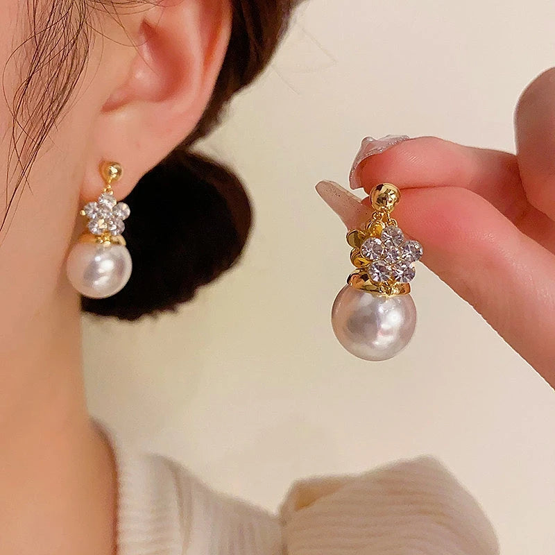 14K Gold-Plated Elegant Double-Sided Flower Pearl Earrings - elegant Double Sided Earrings