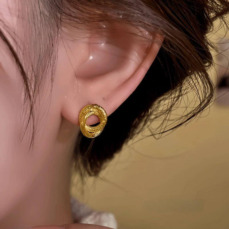 Model showcasing the dangle and style of the 14K Gold-Plated Elegant Double-layer Hoop Stud Earrings
