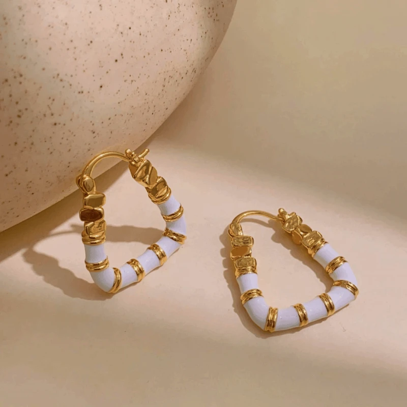 Angled view of the 14K Gold-Plated Elegant Enamel Dripping Geometric Earrings