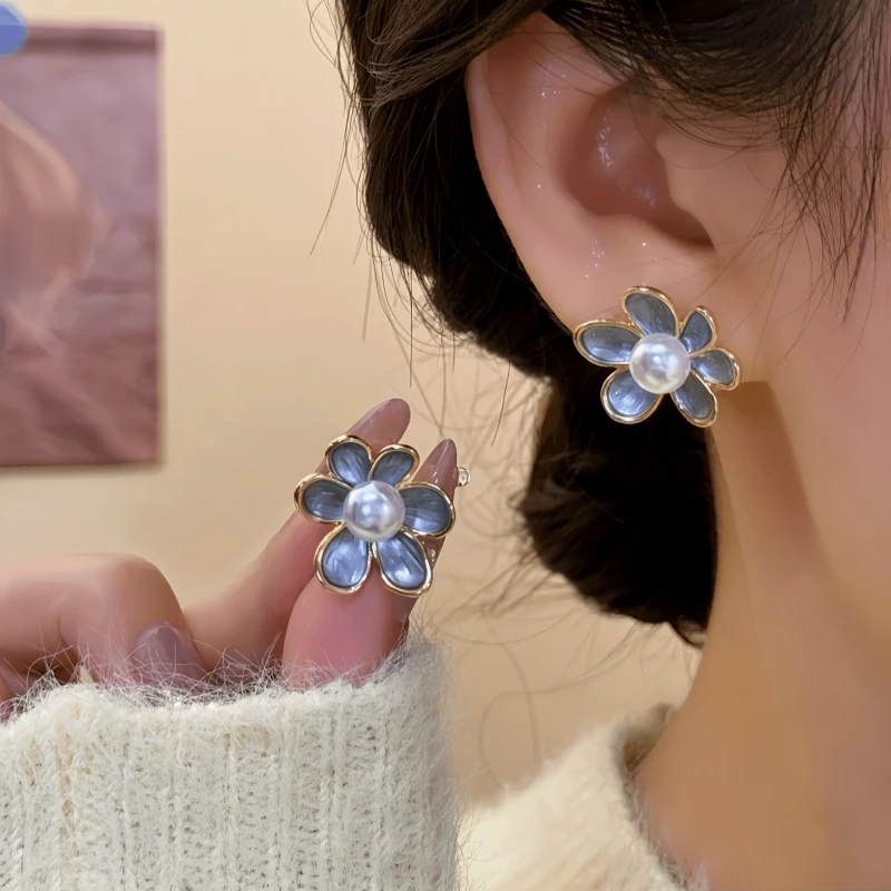 14K Gold-Plated Elegant Enamel Flower Pearl Stud Earrings - elegant Enamel Flower Studs