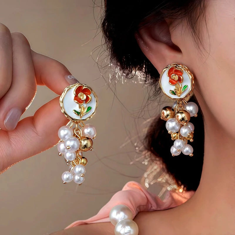 14K Gold-Plated Elegant Flower Bead Tassel Earrings - elegant Flower Tassel Earrings