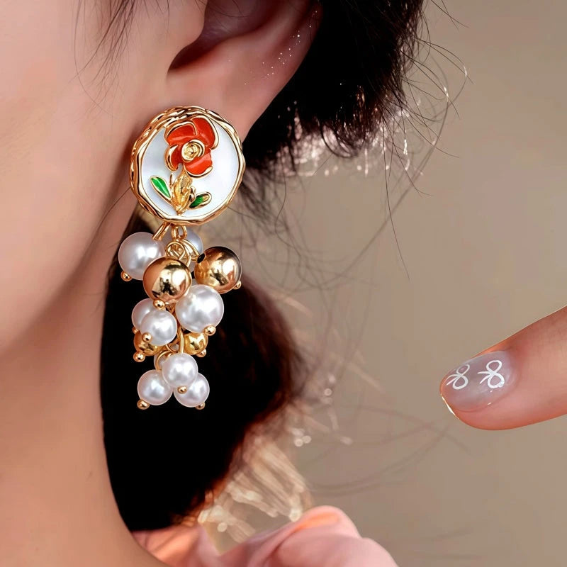 Close-up detail of the sparkling zircons and plating on the Flower Tassel Earrings