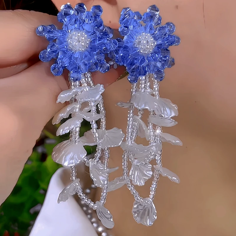 14K Gold-Plated Elegant Flower Beaded Tassel Earrings - elegant Beaded Tassel Earrings