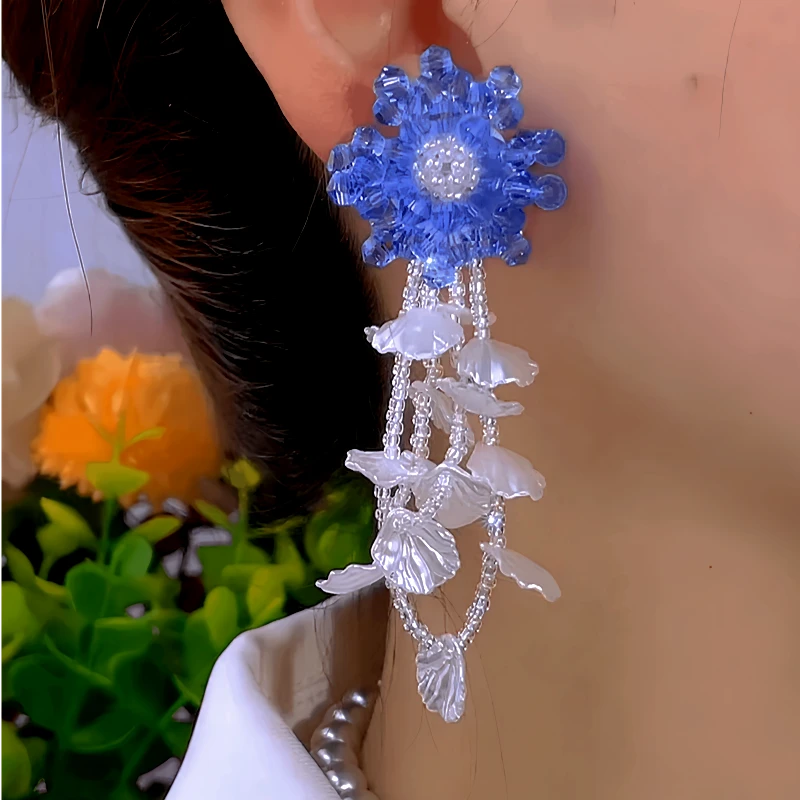 Close-up detail of the sparkling zircons and plating on the Beaded Tassel Earrings