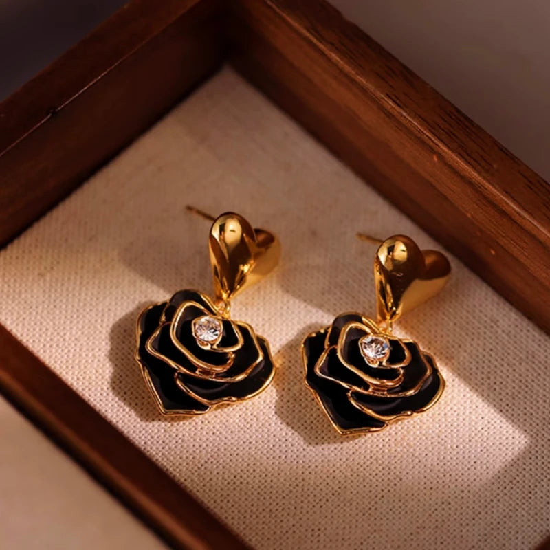 Close-up detail of the sparkling zircons and plating on the Heart Drop Earrings