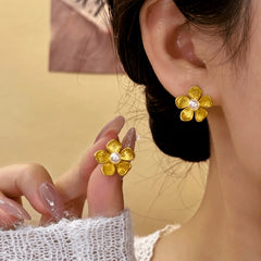 14K Gold-Plated Elegant Flower Pearl Stud Earrings - elegant Flower Pearl Studs
