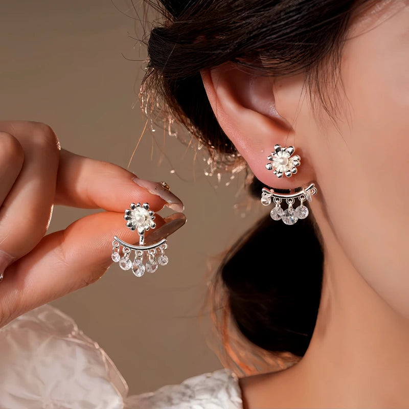 14K Gold-Plated Elegant Flower Zircon Tassel Earrings - elegant Flower Tassel Ear Jackets