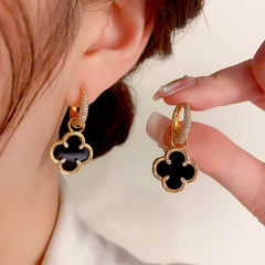 14K Gold-Plated Elegant Four-Leaf Flower Earrings - elegant Black Clover Earrings