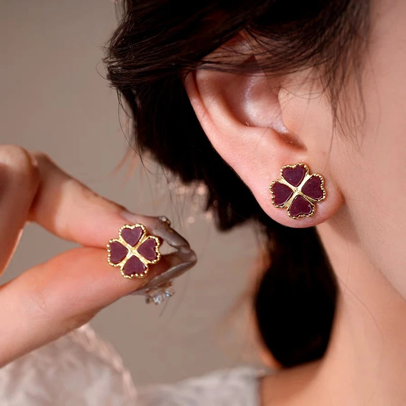14K Gold-Plated Elegant Four-Leaf Stud Earrings - elegant Red Clover Studs