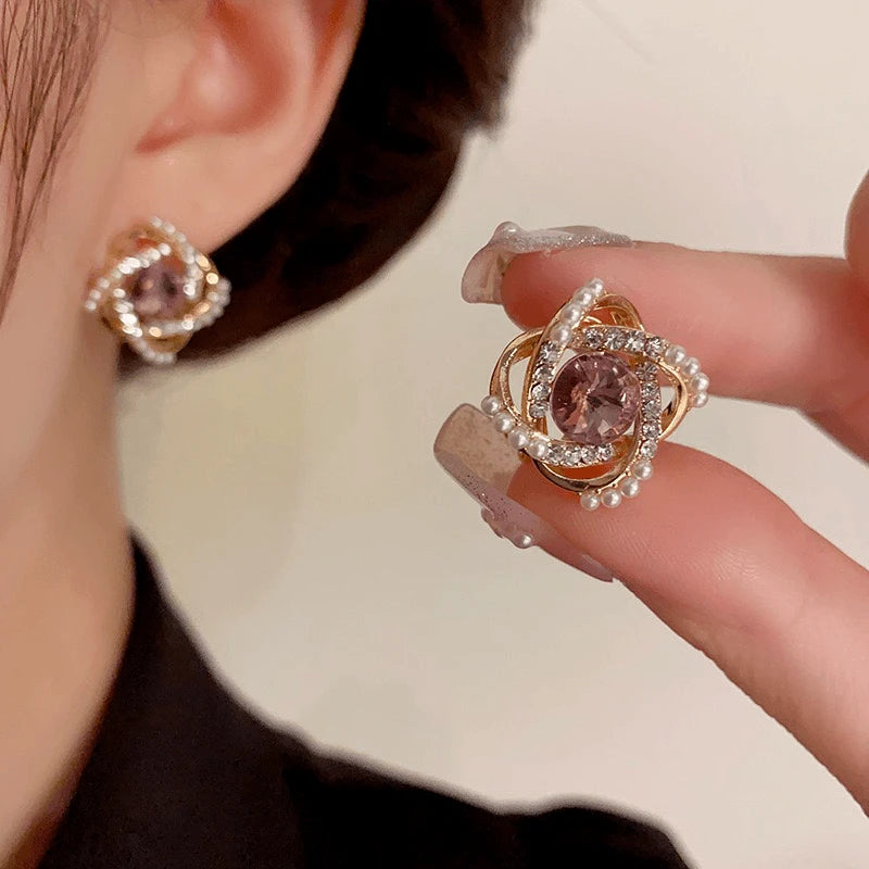 Close-up detail of the sparkling zircons and plating on the Pearl Stud Earrings