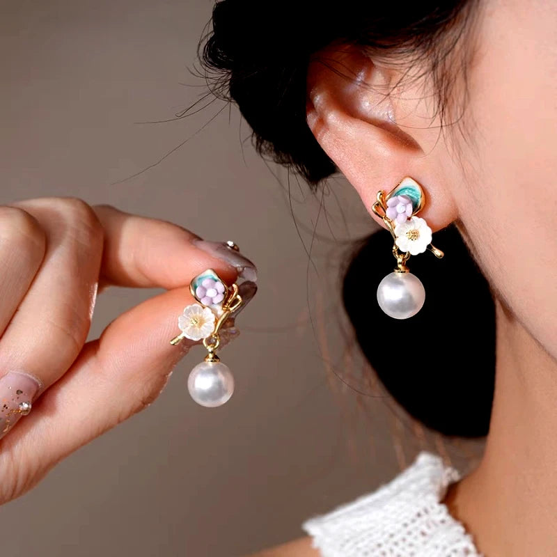 14K Gold-Plated Elegant Fresh Flower Pearl Earrings - elegant Flower Pearl Earrings