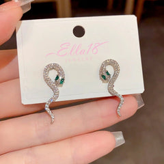 Angled view of the 14K Gold-Plated Elegant Full Diamond Snake-Shaped Earrings