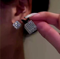 14K Gold-Plated Elegant Full Diamond Three-Dimensional Square Earrings - elegant Diamond Square Studs