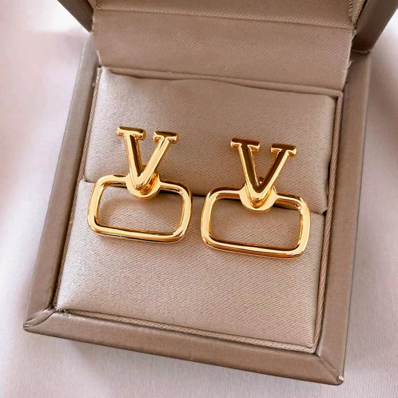 Angled view of the 14K Gold-Plated Elegant Geometric Square Letter Earrings