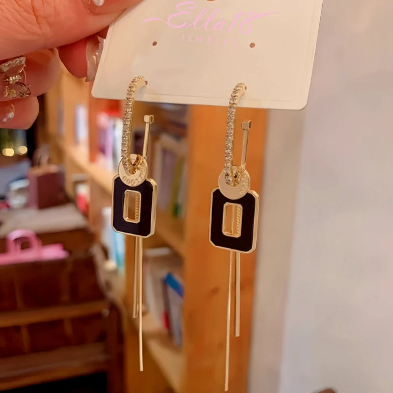 14K Gold-Plated Elegant Geometric Square Long Tassel Earrings - elegant Long Tassel Earrings
