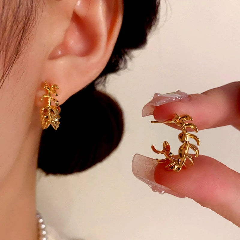 14K Gold-Plated Elegant Metal Leaf C-Shaped Earrings - elegant Leaf C-Shaped Earrings