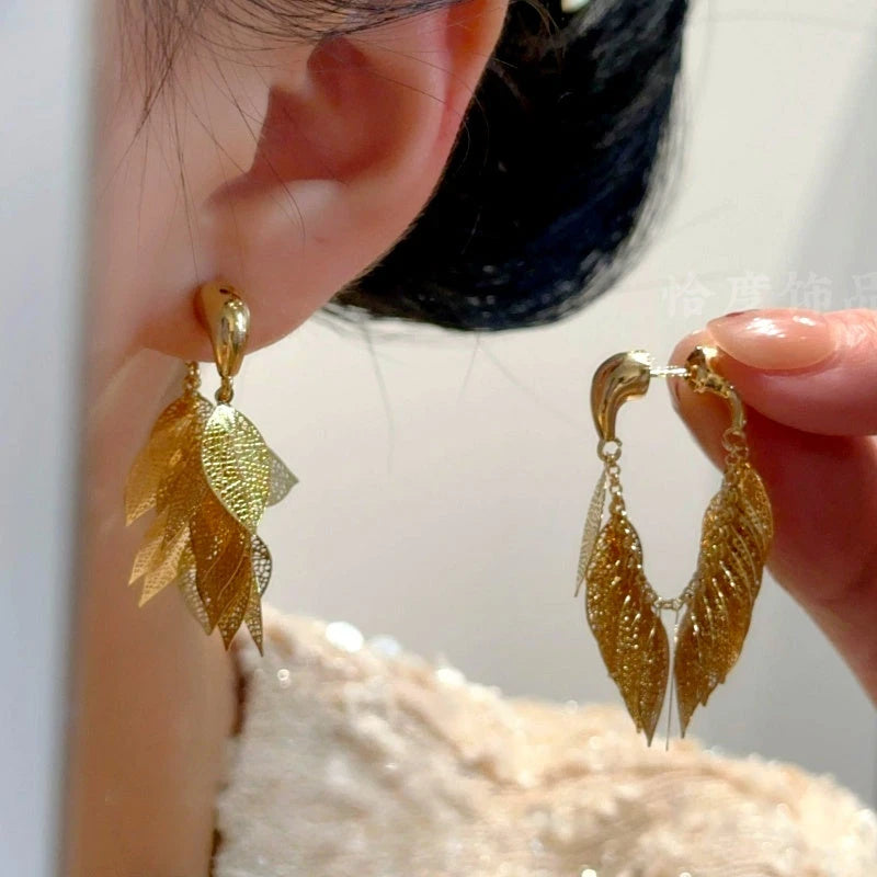 14K Gold-Plated Elegant Golden Leaf Tassel Earrings - elegant Leaf Tassel Earrings