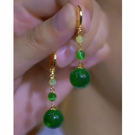 14K Gold-Plated Elegant Green Bead Tassel Earrings - elegant Beaded Tassel Earrings