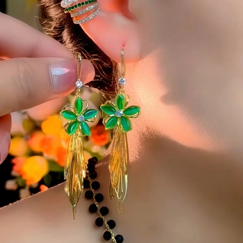 14K Gold-Plated Elegant Green Cat's Eye Stone Flower Tassel Ear Hook Earrings - elegant Flower Ear Hooks