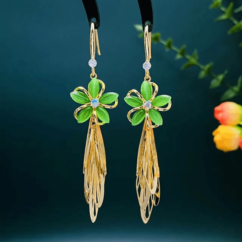 Angled view of the 14K Gold-Plated Elegant Green Cat's Eye Stone Flower Tassel Ear Hook Earrings