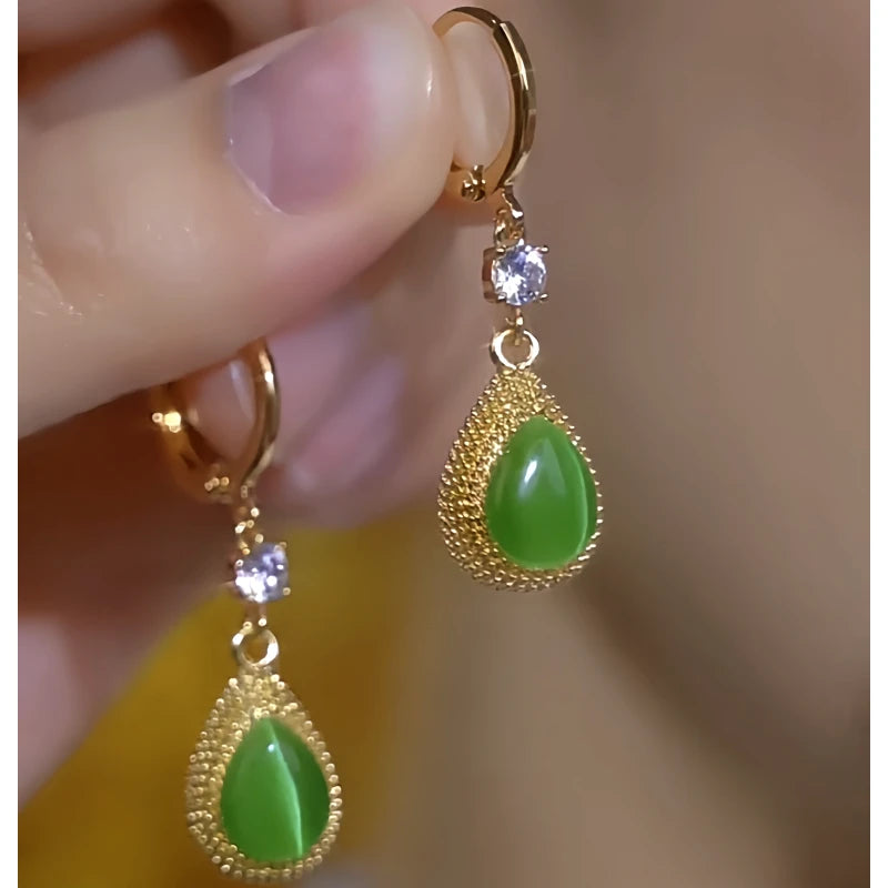 Close-up detail of the sparkling zircons and plating on the Green Crystal Earrings