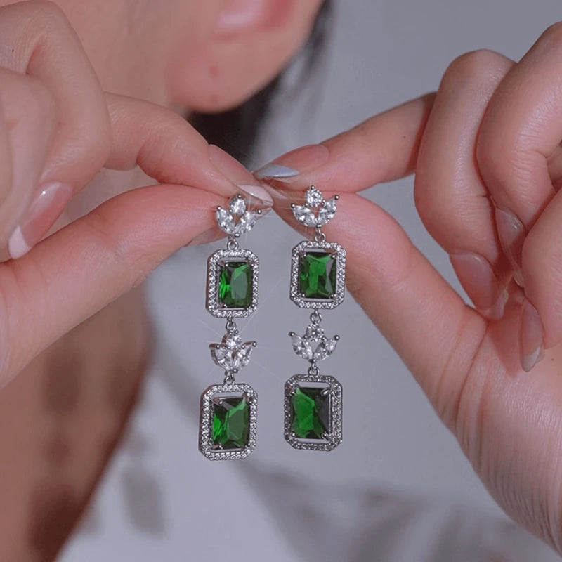 Close-up detail of the sparkling zircons and plating on the Green Diamond Earrings