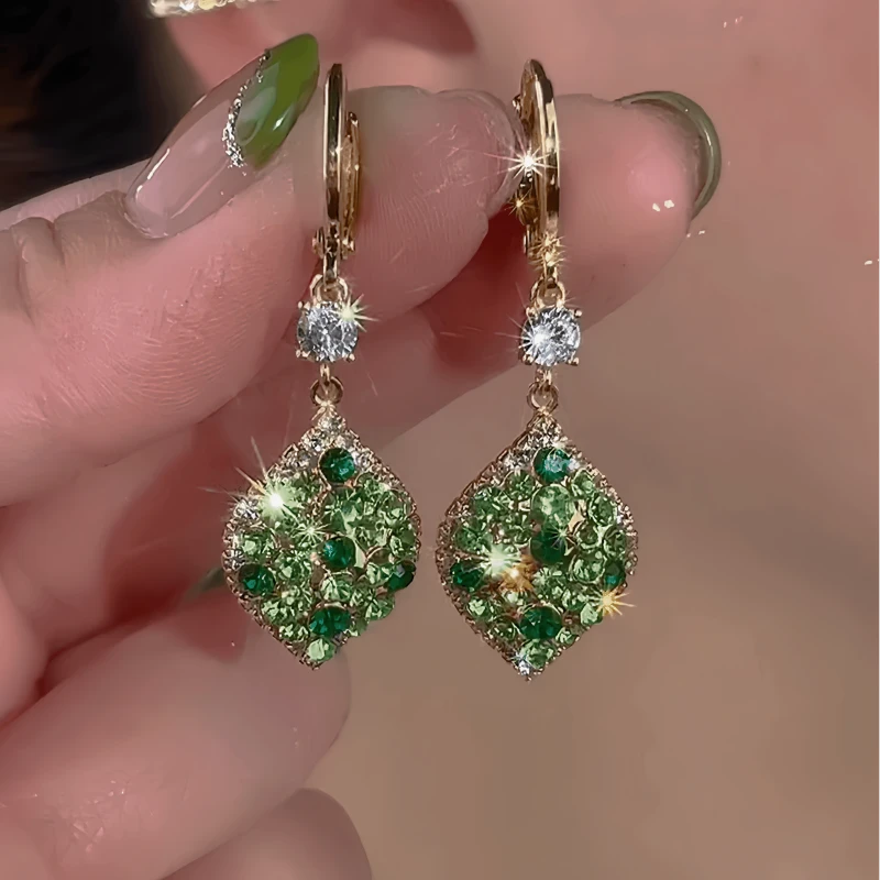 14K Gold-Plated Elegant Green Diamond Water Drop Earrings - elegant Green Water Drop Earrings