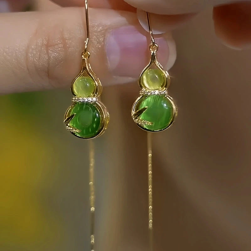 14K Gold-Plated Elegant Green Gourd Threader Earrings - elegant Green Gourd Threader Earrings