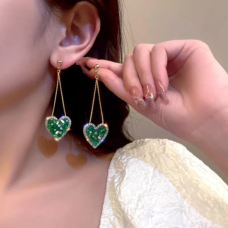 14K Gold-Plated Elegant Green Rhinestone Heart Tassel Earrings - elegant Heart Tassel Earrings