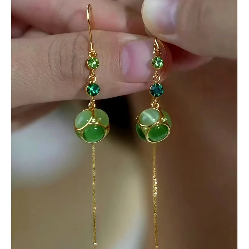 14K Gold-Plated Elegant Green Zircon Diamond Cat's Eye Stone Threader Earrings - elegant Cat's Eye Threader Earrings