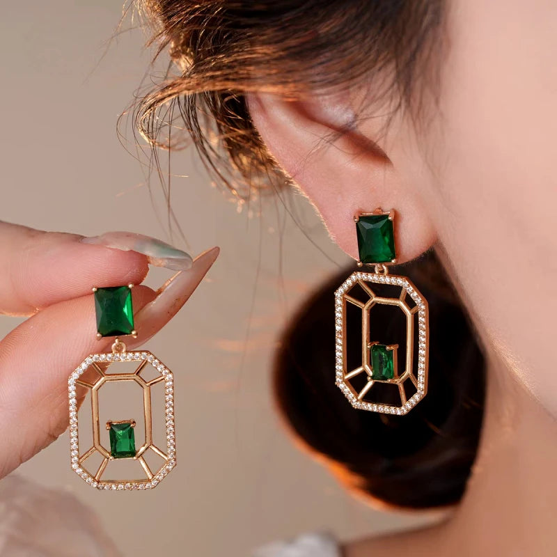 14K Gold-Plated Elegant Green Zircon Diamond Rectangular Earrings - elegant Green Rectangular Earrings
