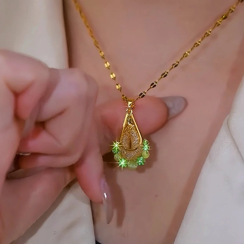 14K Gold-Plated Elegant Green Zircon Mesh Water Drop Necklace worn to showcase its length and pendant detail