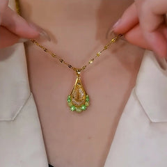 14K Gold-Plated Elegant Green Zircon Mesh Water Drop Necklace - beautiful Green Zircon Necklace