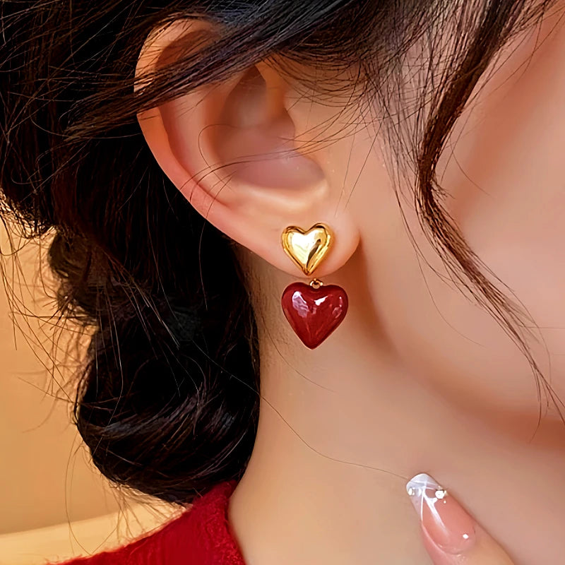 Close-up detail of the sparkling zircons and plating on the Heart Design Earrings
