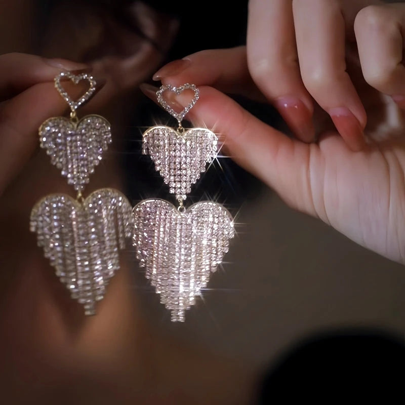 Close-up detail of the sparkling zircons and plating on the Rhinestone Tassel Earrings