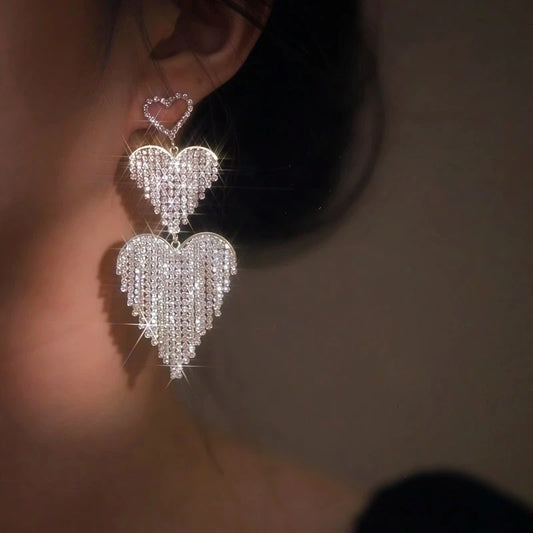 14K Gold-Plated Elegant Heart-Design Rhinestone Tassel Earrings - elegant Rhinestone Tassel Earrings