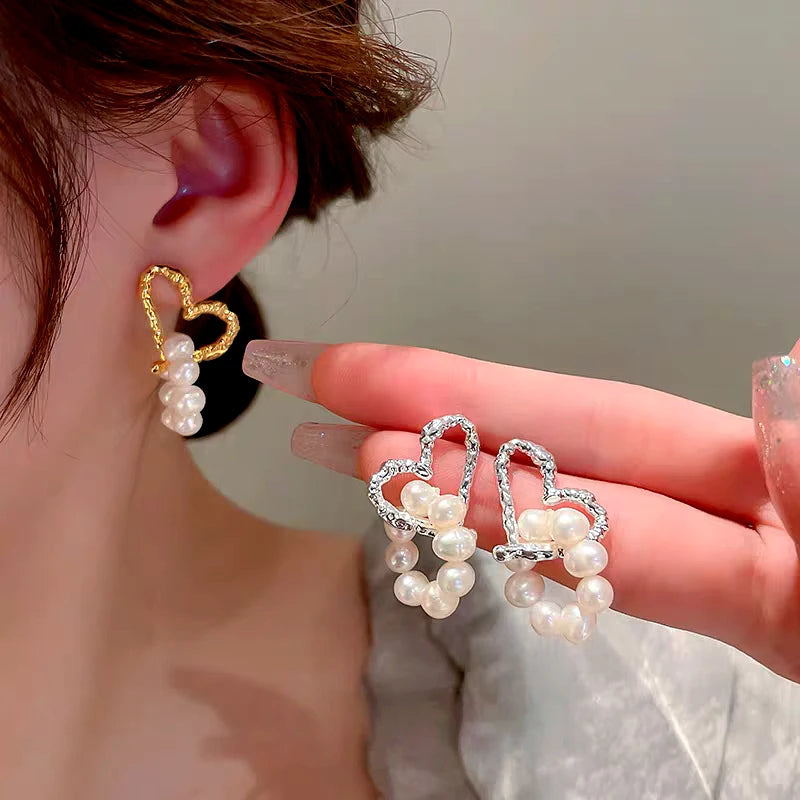 14K Gold-Plated Elegant Heart Pearl Tassel Earrings - elegant Heart Pearl Earrings