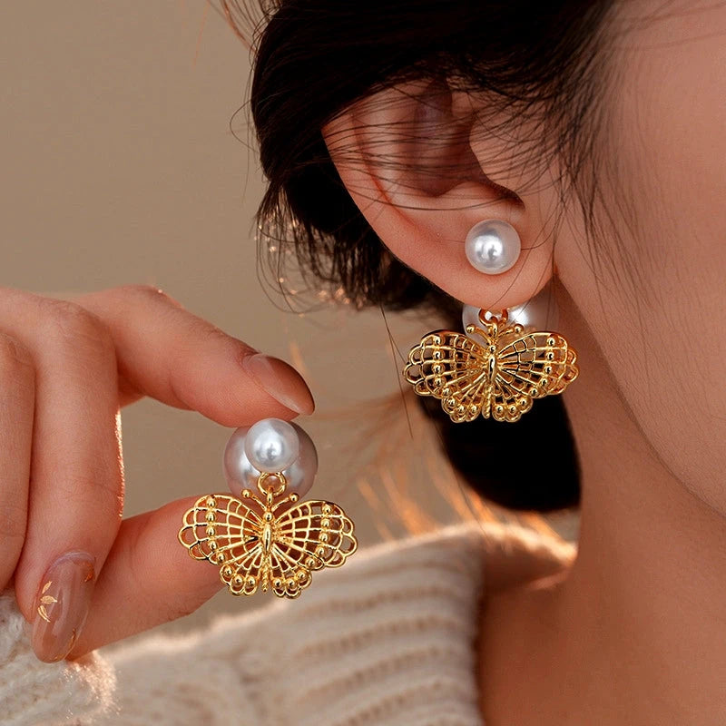 14K Gold-Plated Elegant Hollow Butterfly Pearl Earrings - elegant Butterfly Pearl Earrings