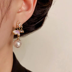14K Gold-Plated Elegant Hollow Butterfly Pearl Earrings - elegant Butterfly Pearl Earrings
